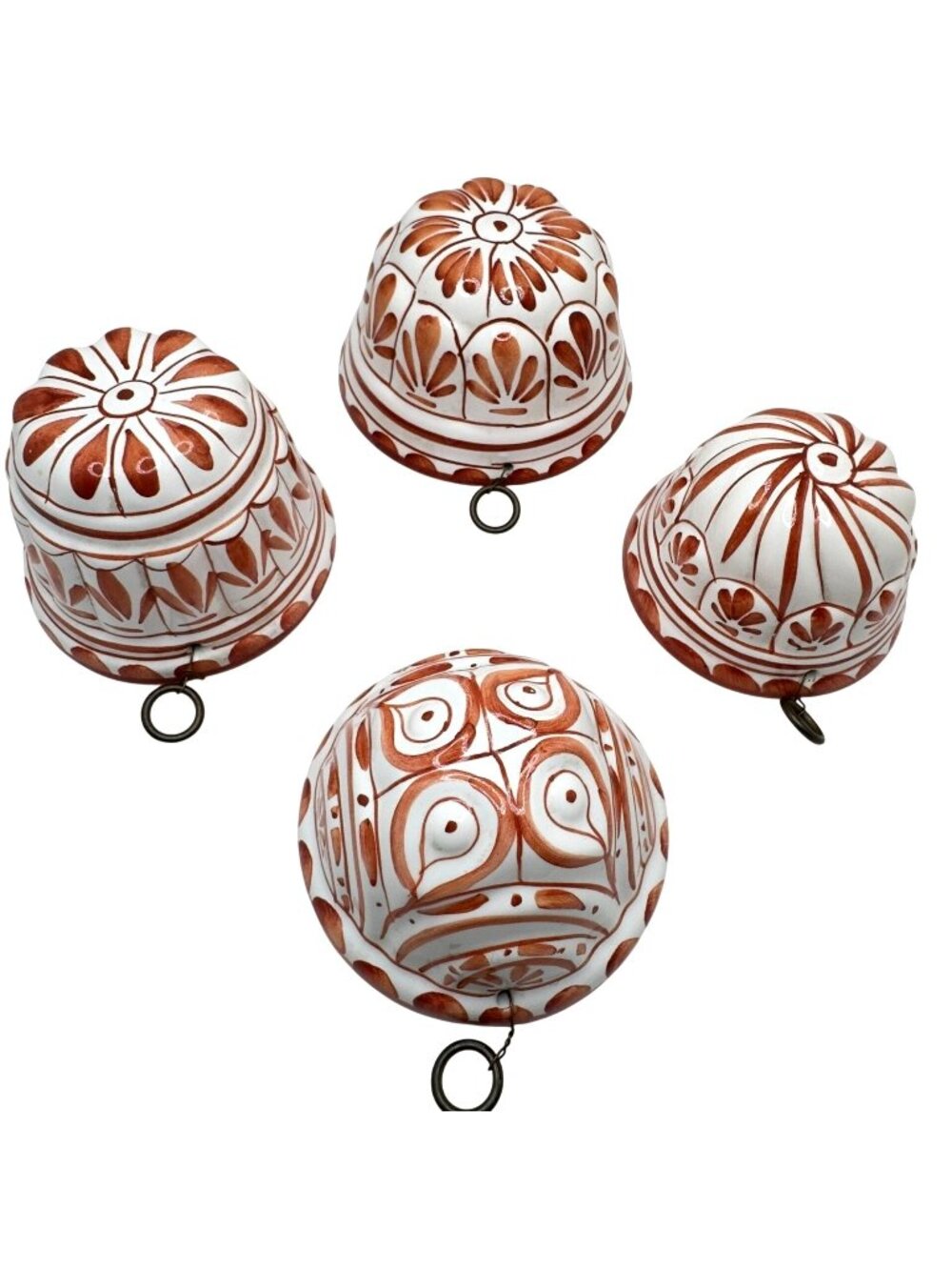 Set Of 4 Vtg Bassano Hand-Painted Ceramic Pudding Molds Brown Red Floral Italy